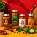 Jars of 'Burmans Gun Podi' spice on a wooden surface with red and yellow background