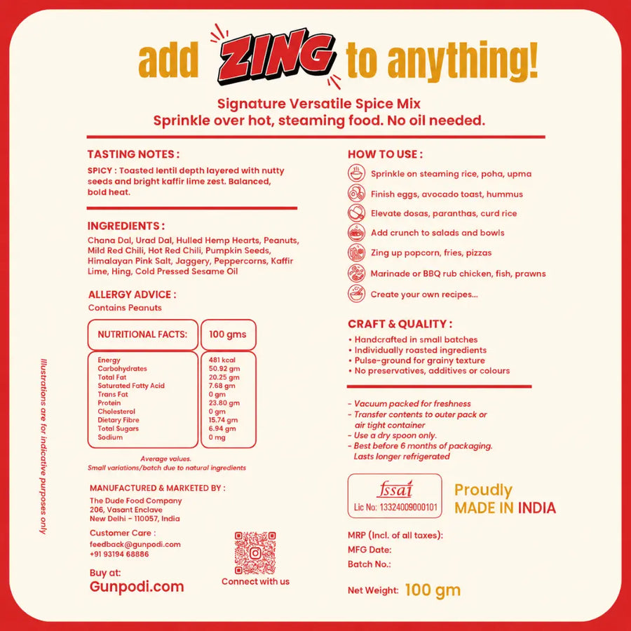 Burman's Gun Podi back label showing ingredients, nutritional facts, tasting notes, and how-to-use ideas including rice, eggs, dosas, salads, popcorn, and grilled meats — handcrafted, FSSAI certified, made in India.