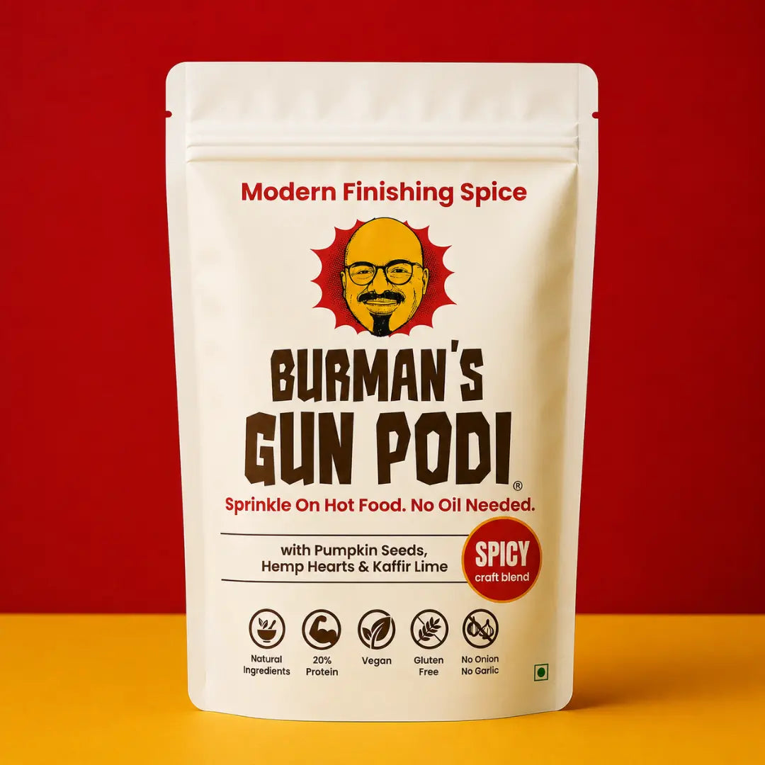 Burman's Gun Podi modern finishing spice pouch front view - spicy craft blend with pumpkin seeds, hemp hearts and kaffir lime, vegan, gluten-free, 20% protein, no onion or garlic