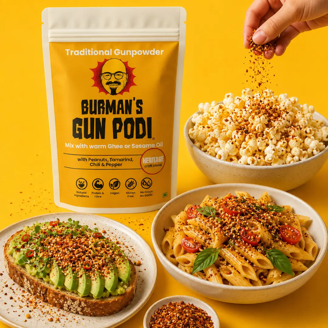 Burman's Gun Podi Traditional Gunpowder heritage blend sprinkled over popcorn, penne pasta, and avocado toast — a versatile Indian spice mix with peanuts, tamarind, chili and pepper, vegan and gluten-free