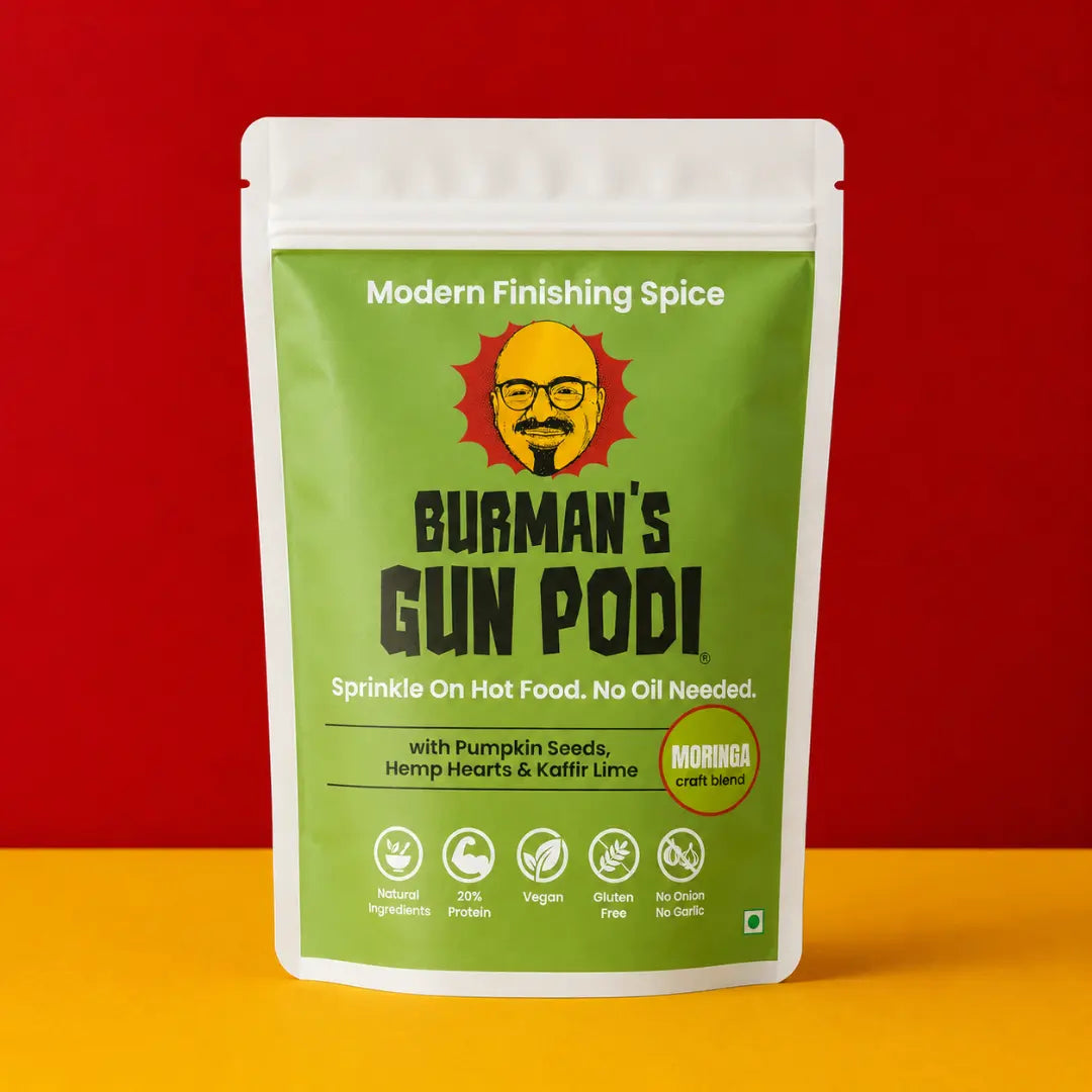 Burman's Gun Podi Moringa craft blend — modern finishing spice with pumpkin seeds, hemp hearts and kaffir lime, vegan, gluten-free, 20% protein, no onion or garlic, sprinkle on hot food, no oil needed