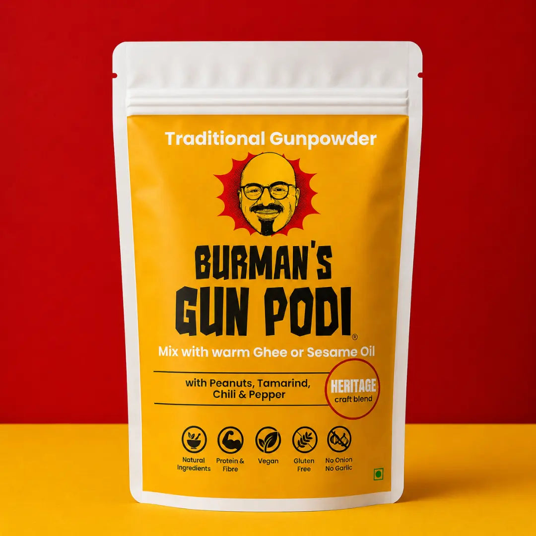 Burman's Gun Podi Traditional Gunpowder heritage craft blend - mix with warm ghee or sesame oil, made with peanuts, tamarind, chili and pepper, vegan, gluten-free, protein and fibre rich, no onion or garlic
